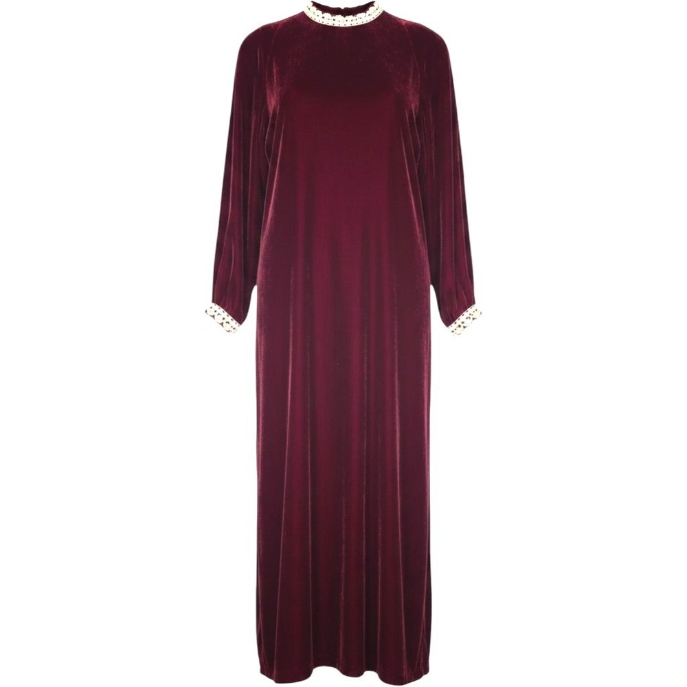 VTG Handmade Velvet Victorian Gown S Burgundy Crochet Lace High Neck Maxi Dress